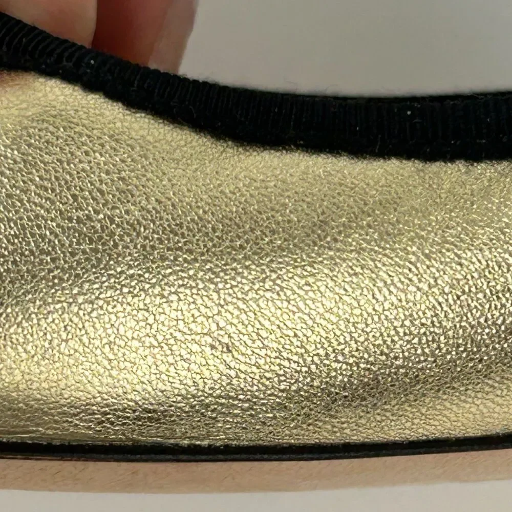 J. Crew Elvie Gold Metallic Ballet Flats Leather Almond Toe Shoes Black Trim 7.5